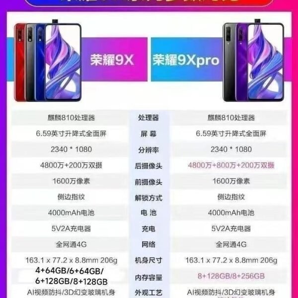 荣耀9X Pro 全面屏 8+256G大内存 麒麟810游戏鸿蒙智能手机送快充